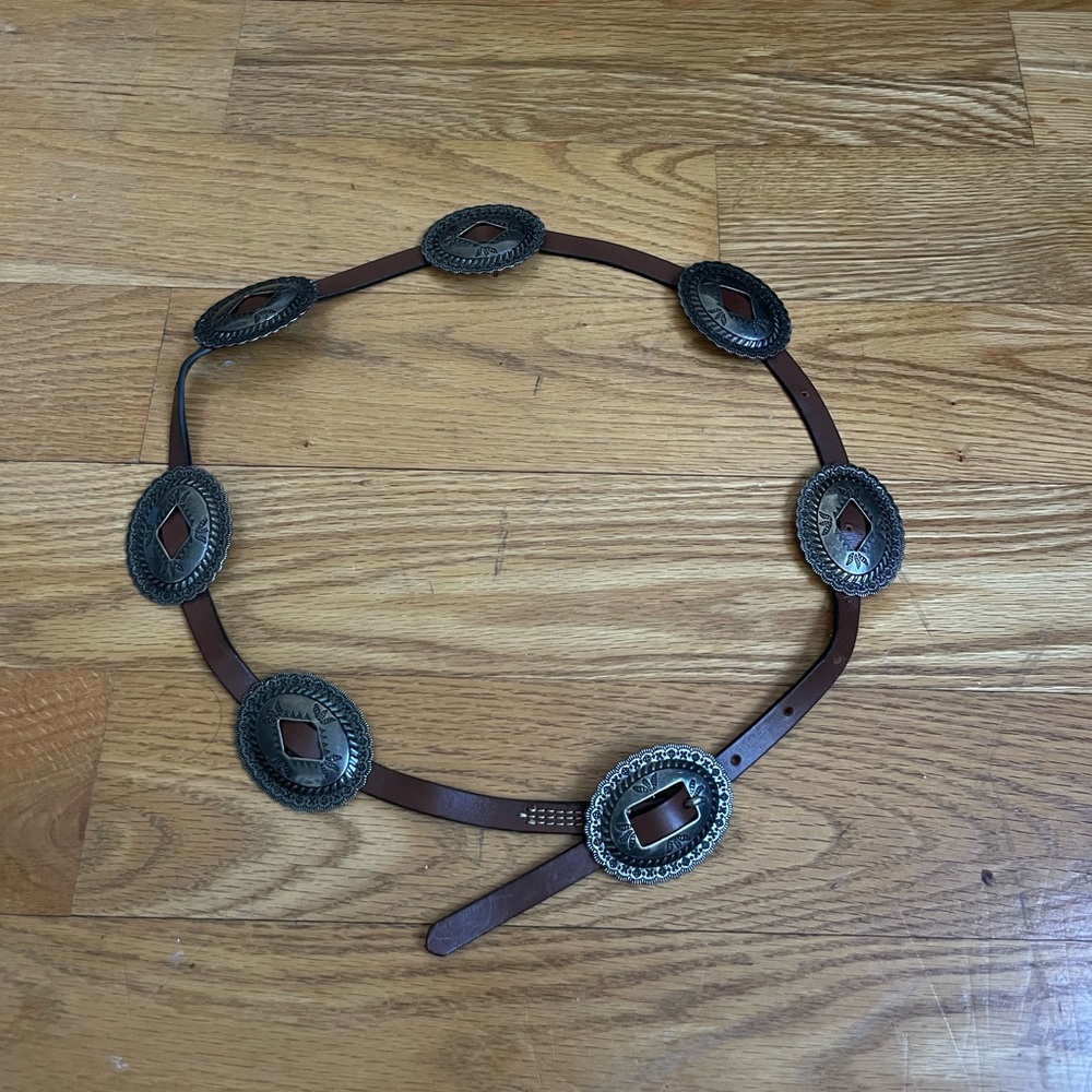Ralph Lauren Brown Leather Western Concho Link Belt with Silver-Toned Accents